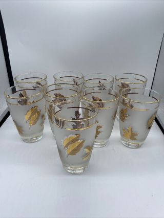 Vtg Set Of 9 Vintage Libbey Frosted Gold Leaf “golden Foliage” Glasses 4.  5 " Tall