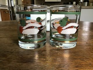 Set Of 2 Vintage Mallard Duck Old Fashioned Low Ball Glasses Gold Trim