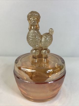 Vintage Marigold Carnival Glass Poodle Dog Lid Covered Candy Dish Powder Jar