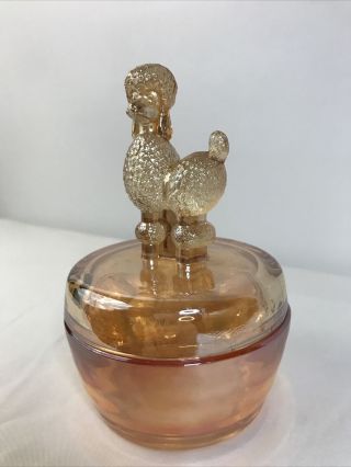 Vintage Marigold Carnival Glass Poodle Dog Lid Covered Candy Dish Powder Jar 3