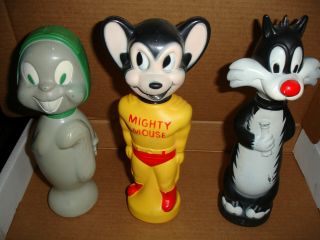 3 Vintage Colgate Soaky Toys Sylvester The Cat,  Mighty Mouse,  Rocky Squirrel