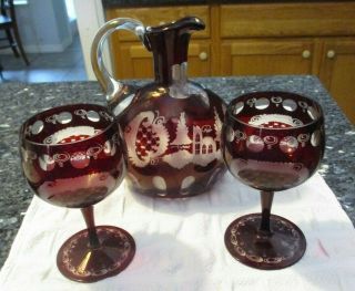 Antique Ruby Red Cut To Clear Decanter W Matching Pair Goblets