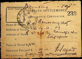 Straits Settlements Malaya Penang Singapore 1913 Rare Insurance Certificate