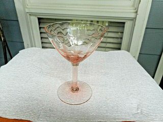 Set Of 5 Vintage Etched Pink Depression Champagne Glasses.  Set 1
