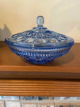 Vtg Light Blue Indiana Glass Compote Candy Dish With Lid Ornate Lovely
