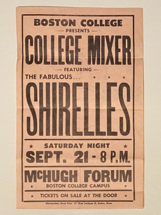 The Shirelles 1968 Concert Handbill Boston College Mixer Mchugh Forum