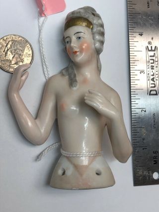 4.  5” Antique German Porcelain Half 1/2 Doll Nude Gold Headpiece Cc