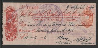 1946 S.  Rhodesia Standard Bank Of South Africa Revenue Cheque With 1d Embossed.