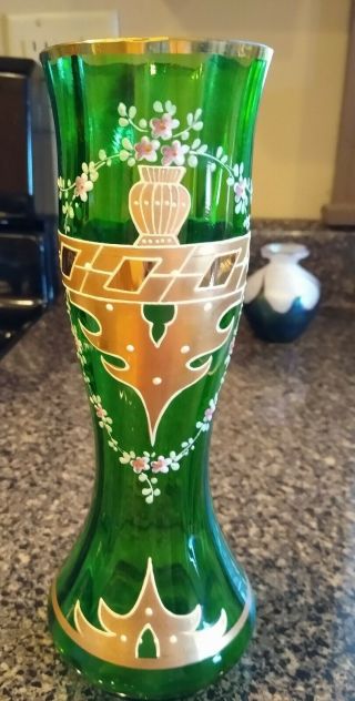 Moser Harrach Enameled Decorated Green Glass Vase 9 " Acid Mark 1909