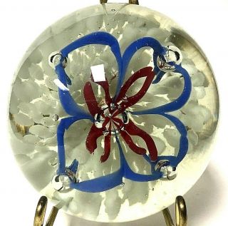 Vintage Hand Crafted Art Glass Paperweight Red White Blue Floral Flower