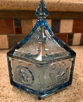 Tiara Indiana Glass Executive Eagle Colonial Stars Candy Dish / Jar & Lid Blue.