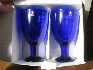 2 Iittala Verna Wine Water Goblet Cobalt Blue Finland 8 Oz Glass