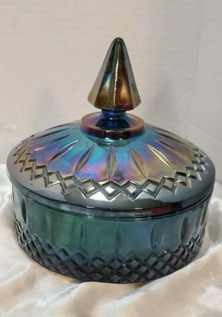 Vintage Blue Iridescent Carnival Glass Candy Dish With Lid 1950 