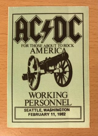 1982 Ac/dc For Those About To Rock Tour Seattle Concert Backstage Pass