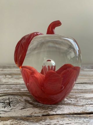Vintage Joe St.  Clair Art Glass Red Apple Paperweight Bubble Glass