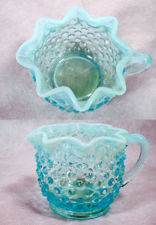 Vintage Opalescent Blue Hobnail Glass Creamer Pitcher Fenton Star Crimp Cup