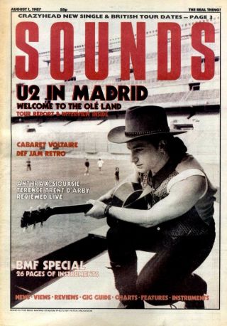 1/8/87pg01 Sounds Newspaper Cover Page : U2 & Bono In Madrid