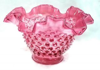 Vintage Fenton Cranberry Hobnail Rose Bowl Vase W/ Ruffled - Crimped Rim