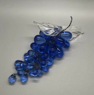 Vintage Czech Art Glass Cobalt Blue Grapes & Clear Leaves On Wire Czechoslovakia