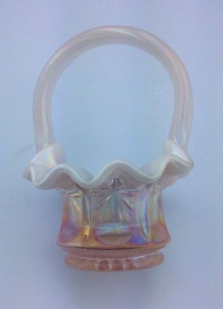 Vintage Fenton Mini Pink Carnival Art Glass Basket W/applied Handle