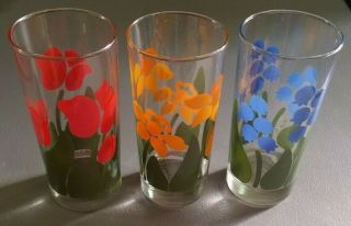 3 Anchor Hocking Chd 1983 Nina Tulip Daffodil Bluebell Floral Flower Glasses