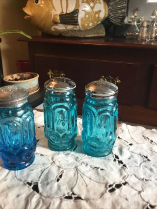 Three Vintage Le Smith Moon And Stars Glass Salt & Pepper Shakers Blue