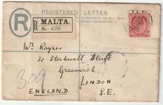 1909 Malta Postal Stationery Registered Env Uprated 1d M/x London - Hooded D.  S.