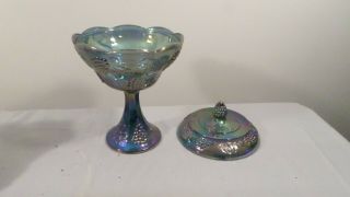 Vintage Stemmed Blue Iridescent Glass Candy Dish With Lid Grape & Leaf Design