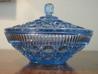 Vintage Blue Round Carnival Glass Candy Dish Bowl W/ Lid Indiana Glass Windsor