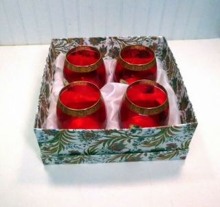 Set 4 Vintage Murano Venetian Italian Ruby Red & Gold Rim Brandy Liquor Glasses