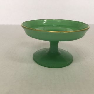 Vintage Retro Decor Jade Green Glass Small Pedestal Dish With Gold Color Trim