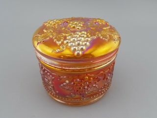 Vintage Orange Marigold Iridescent Carnival Glass Grape & Cable Powder Jar W/lid