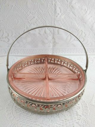 Pink Depression Glass Divided Relish Nut Candy Dish With Metal Holder Vintage