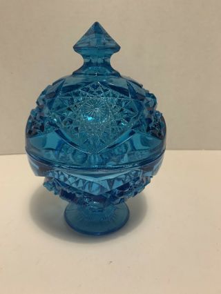 Vintage Aqua Blue Cut Glass Candy Nut Dish With Cover Victorian