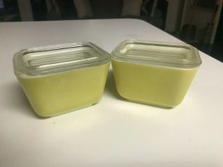 Set Of 2 Vintage Pyrex Glass Verde Refrigerator Dishes W/lids