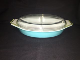 Vintage Pyrex Turquoise Blue 2 Part Divided Casserole Dish Pan 1.  5 Qt & Lid