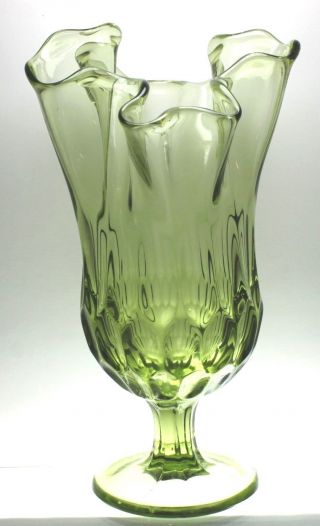 Vintage Green Glass Handkerchief Vase With Pedestal 9 Inch Tall