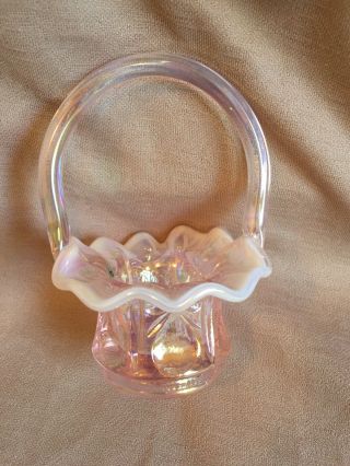 Miniature Fenton Art Glass Pink Opalescent Miniature Basket Ruffled Edge