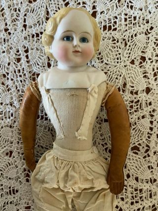 Antique 16 " Bisque Head Doll Leather Arms Cloth Body Blonde Hair Blue Eyes