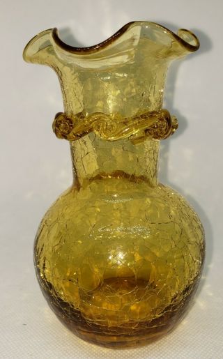 Vintage Amber Crackle Glass Vase With Applied Ribbon And Ruffled Rim