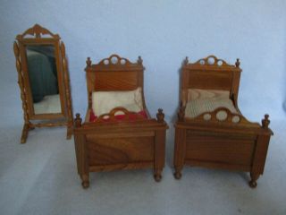 Antique Wood Dollhouse Furniture Schneegas 2 Beds,  Mirror,  Germany – Set Of 3