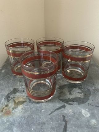 Set Of 4 Vintage Brown Rocks Drinking Glasses Rust Gold Mid Century