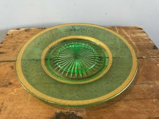 Vtg Mcm Green Depression Vaseline Glass Gold Trim Appetizer Platter Plate 10 "