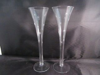 2 Etched Starburst Hollow Stem Trumpet Champagne Flutes Glasses