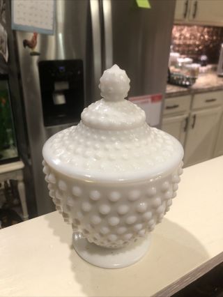 Vintage White Milk Glass Hobnail Covered Pedestal Footed Candy Dish