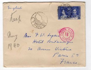 Cyprus 1940 Cover Limassol To Paris France Passed Censor 18,  Visit Cyprus Cachet