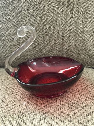 Swan Heart Candy Dish Trinket Bowl Ruby Red Clear Glass Hand Blown Euc