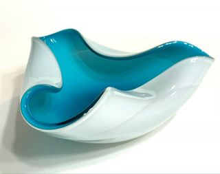 Mcm Vintage Cased White/blue Art Glass Dish Retro Ash Tray (murano?)