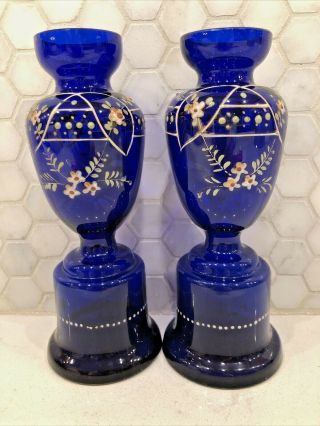 Pair Antique Bohemian Czech Cobalt Blue Hand Painted Vases