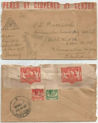 Singapore Straits S.  1940 Censored Cover Frm Penang To India At 8c Rate
